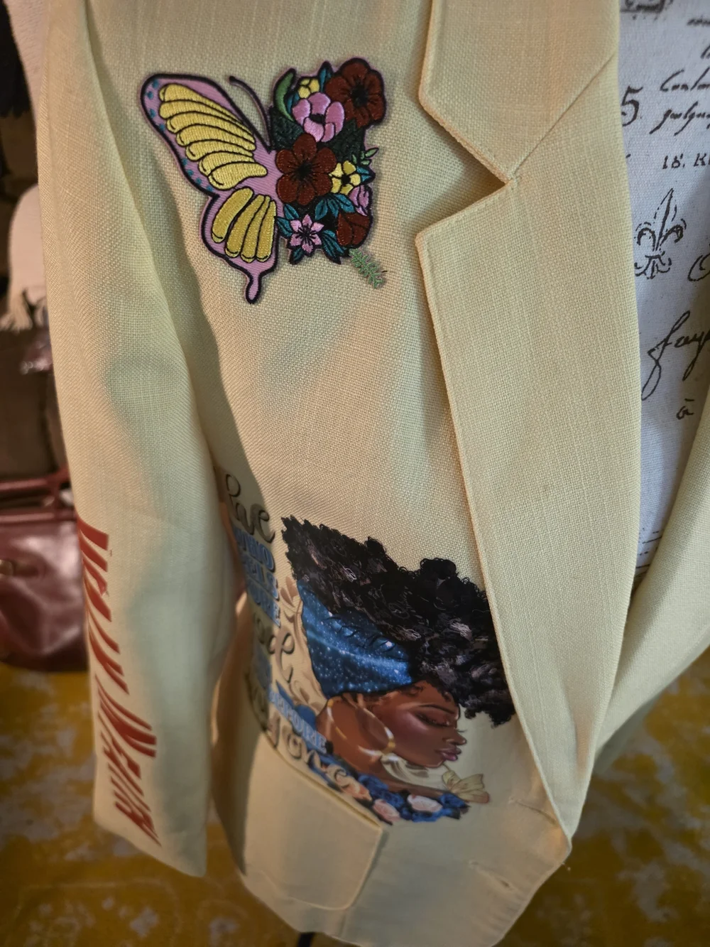 Yellow Embroidered Floral & Portrait Blazer - Women-Inspired Men’s Blazer